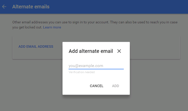 Add Alternate Email Googlel